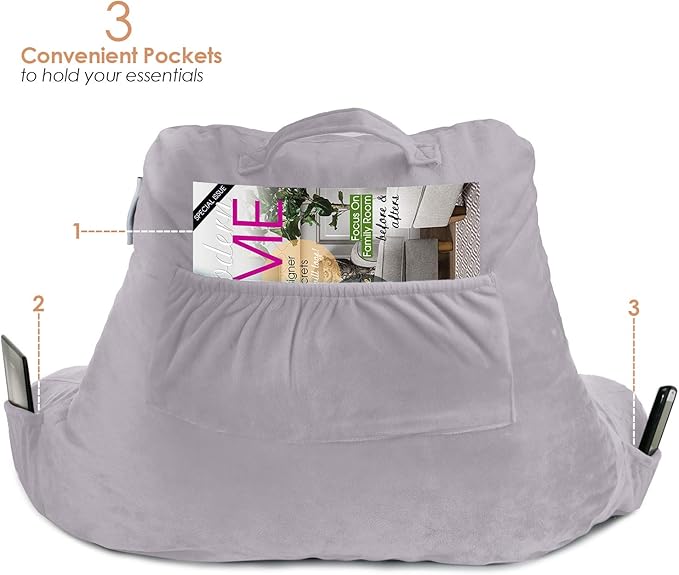 Nestl Reading Pillow Standard Bed Pillow, Back Pillow for Sitting in Bed Memory Foam Chair Pillow, Reading & Bed Rest Pillows Grey Lavender Back Pillow for Bed, Bed Chair Arm Pillow with Pockets