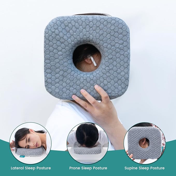 Ear Pillow with Ear Piercing for Side Sleeping, Ear Hole Memory Foam Pillows for CNH and Ear Pain Ear Inflammation Pressure Sores, Travel, Gray