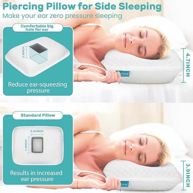 Ear Piercing Pillow with Holes for Ear Pain CNH Side Sleepers, Adjustable Memory Foam Ear Pillow for Ear Discomfor, Earrings, Noise-Canceling Earplugs, Headphones, Enjoy Sound Sleep