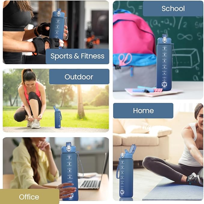 1L Water Bottle with Straw - Leak-Proof & BPA Free Reusable Sports Bottle - Motivational Time Markings for Hydration Durable Drink Bottle for Gym, Sports, Outdoor (Blue)
