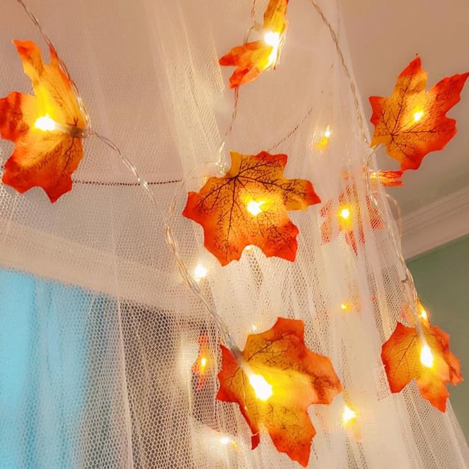 Eimilaly Maple Leaf Bed Canopy Mosquito Net for Room Decor - Halloween | Christmas | Thanksgiving | Fall Canopy for Adults, Babies, White/Single Door