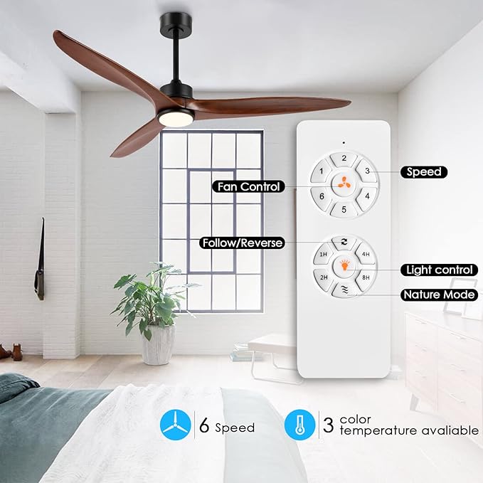 WINGBO 60 Inch DC Ceiling Fan with Lights and Remote Control, 3 Reversible Carved Wood Blades, 6-Speed Noiseless DC Motor, Modern Ceiling Fan in Matte Black Finish with Walnut Blades