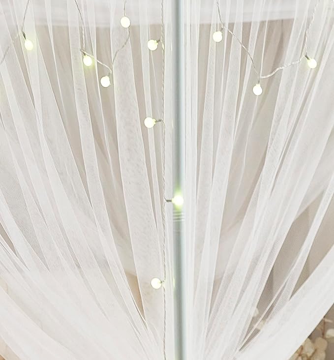 Mengersi Canopy Bed Curtains Bed Canopy with Lights for Girls, Bed Netting Unique Style 4 Door Mosquito Net for Adults Women Bedroom Decor (White+Lights, King)
