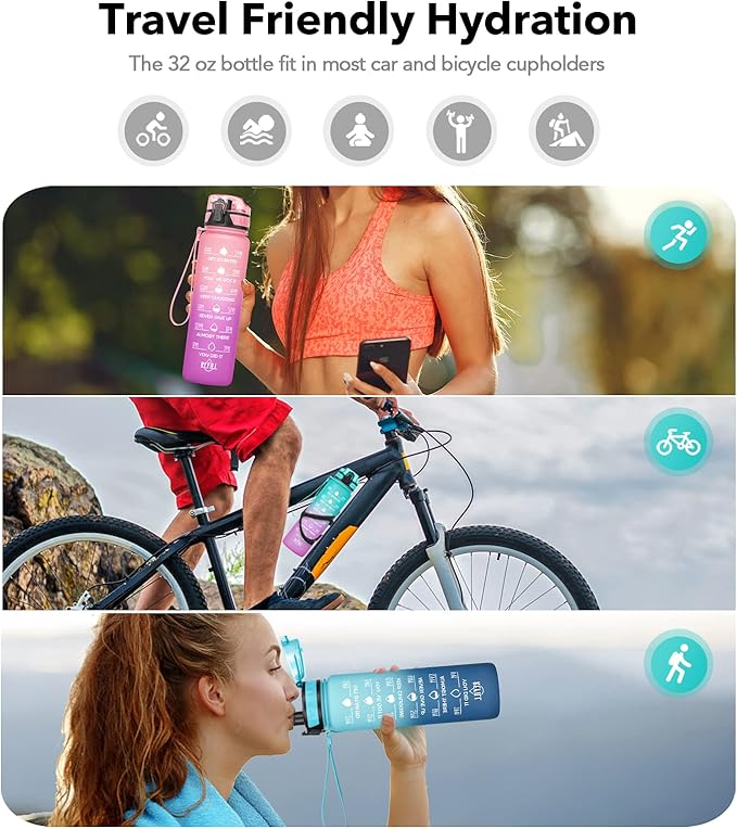 32oz/26oz Motivational Water Bottle with Time Marker & Fruit Strainer, Leak-proof BPA Free Non-Toxic 1l Bottle with Carrying Strap, Perfect for Fitness, Gym and Outdoor Sports, Plastic