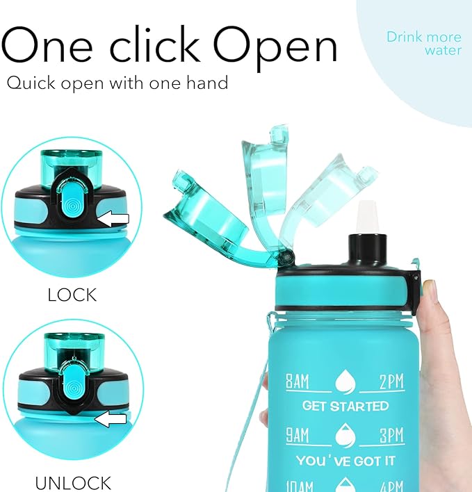 32 oz Water Bottles with Straw & Strap, Motivational Water Bottles with Times to Drink, BPA Free Reusable Sports Water Bottle with Sleeve Carrier for Hiking, Travel, Running or Fitness