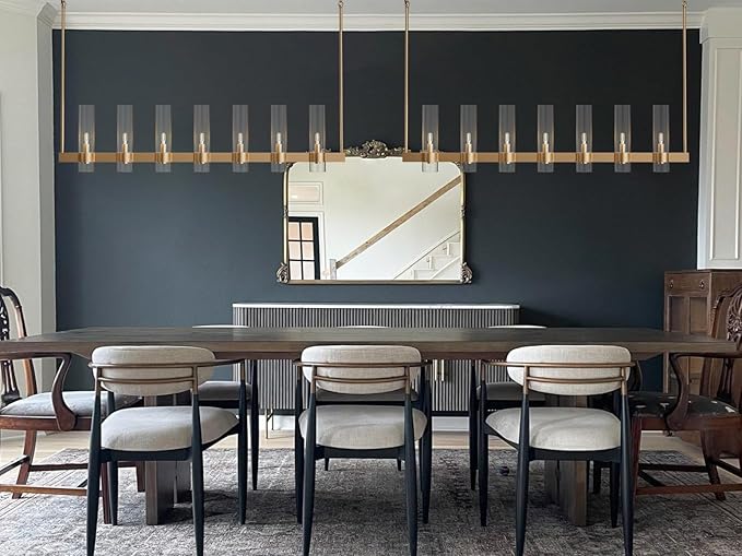 Brass Kitchen Island Lighting- 7-Light Linear Chandelier, Adjustable 47'' Modern Farmhouse Rectangle Pendant Light Fixtures, Dining Room, Bedroom