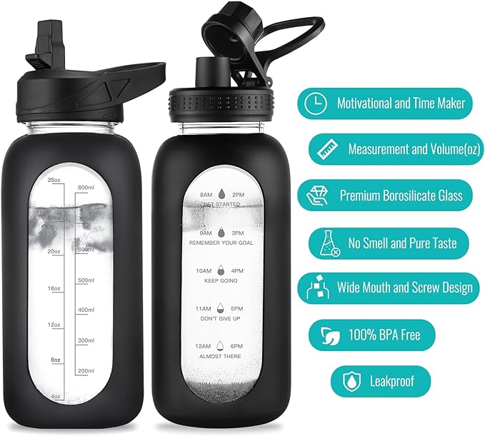 32 oz Glass Water Bottle with Straw and Handle, Sports Motivational Water Flask with Silicone Sleeve, Large Leakproof Water Flask Cup with Time Marker for Travel, Gym, Seafoam