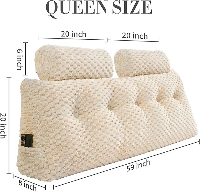 Wedge Headboard Pillow - Bed Wedge Pillow for Headboard Triangular Headboard Pillow with Neck Roll Pillow-Large Bolster Pillow for Sitting in Bed Backrest Positioning Support (Beige,59x8x20 Inches)