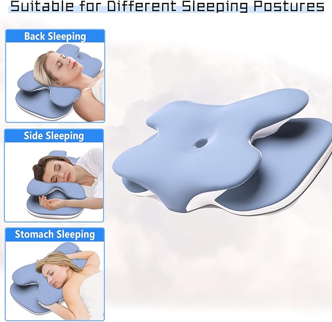 Cervical Neck Pillow for Pain Relief - Contour Memory Foam Pillows with Cooling Pillowcase, Neck Support Pillows for Sleeping, Ergonomic Orthopedic Pillow for Side, Back, Stomach Sleepers (Blue)