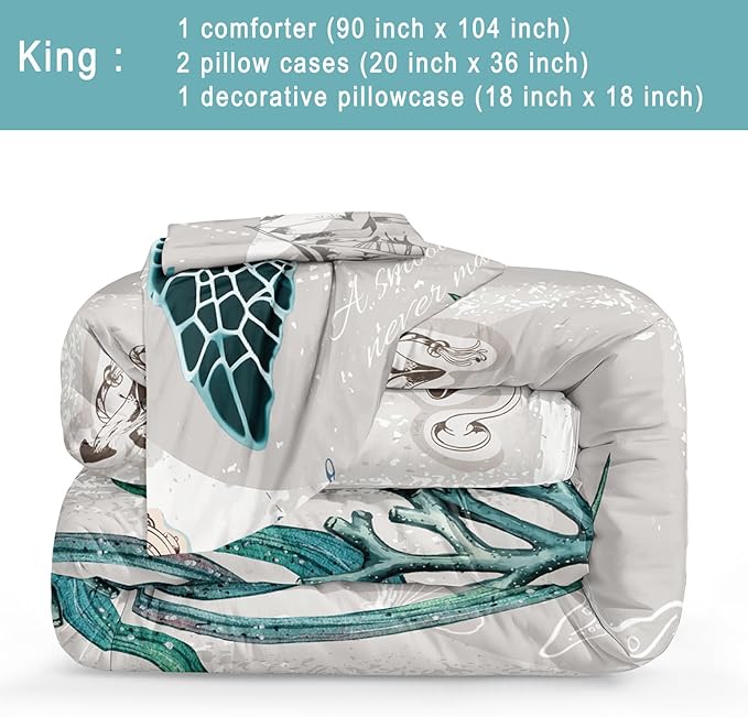 Bedbay Nautical Bedding Set Turtle Comforter Set King Size Beach Comforter Set Soft Microfiber Sea Life Ocean Bedding Comforter Set Coastal Bedding Boys Girls Beach Theme Bedding Set(Turtle,King)