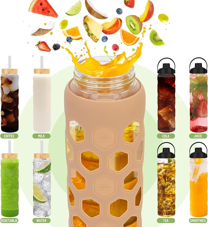 32oz Glass Water Bottles with 2 Lids-Bamboo Straw Lid & Spout Cap,Motivational Water Tumbler with Silicone Sleeve with Time Marker,Leakproof,BPA Free