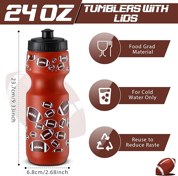 24 Pcs 24 oz Football Water Bottle Bulk and Drawstring Bag Set 12 Reusable Plastic Biking Water Bottle Tumbler 12 Sport Gym Goodie Gift Bag for Party Favor (Brown)