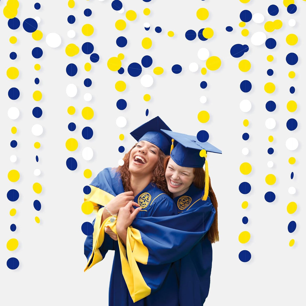 46Ft Navy Blue and Yellow Circle Dots Garland Royal Blue Yellow White Hanging Paper Polka Dot Streamer for Graduation Birthday Wedding Bridal Baby Shower Nautical Ahoy Achor Party Decorations Supplies