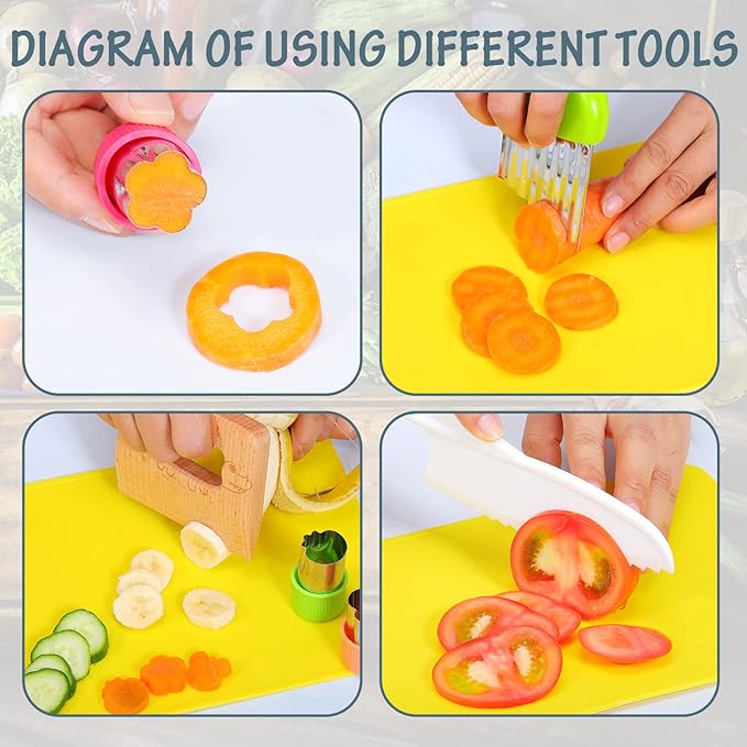 17PCS Wooden Kids Kitchen Knife,4PCS Plastic Serrated Edge Toddler Knife,Nylon Kids knife Set With Kids Apron Gloves Cutting Board Potato Slicers and Peeler DIY Mold,Kids Kitchen Tool for Real Cooking