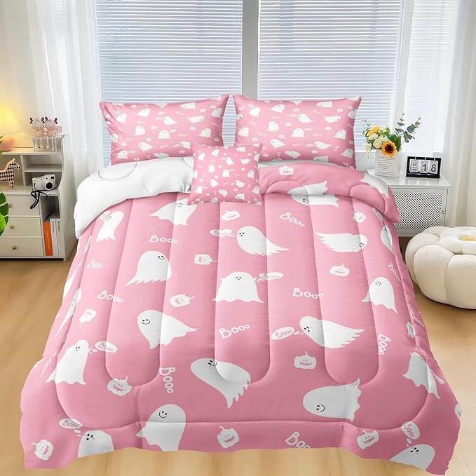 Bedbay Halloween Queen Comforter Pink Cartoon Ghost Comforter Sets for Kids Girls 4 Pcs Soft Microfiber Halloween Bedding Set Cute Halloween Room Decoration(Pink,Queen)