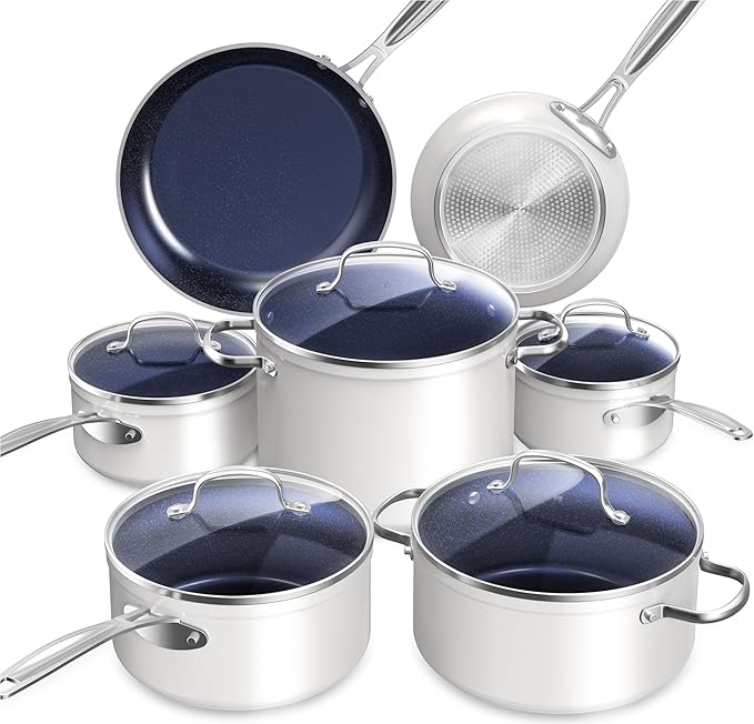 Nuwave Healthy Duralon Blue Ceramic Nonstick Cookware Set, Diamond Infused Scratch-Resistant, PFAS Free, Dishwasher & Oven Safe, Induction Ready & Evenly Heats, Tempered Glass Lids & Stay-Cool Handles