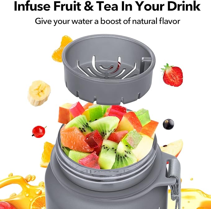 32oz Motivational Water Bottle with Time Marker & Fruit Strainer, Leak-proof BPA Free Non-Toxic 1l Bottle with Carrying Strap, Perfect for Fitness, Gym and Outdoor Sports (Graphite)