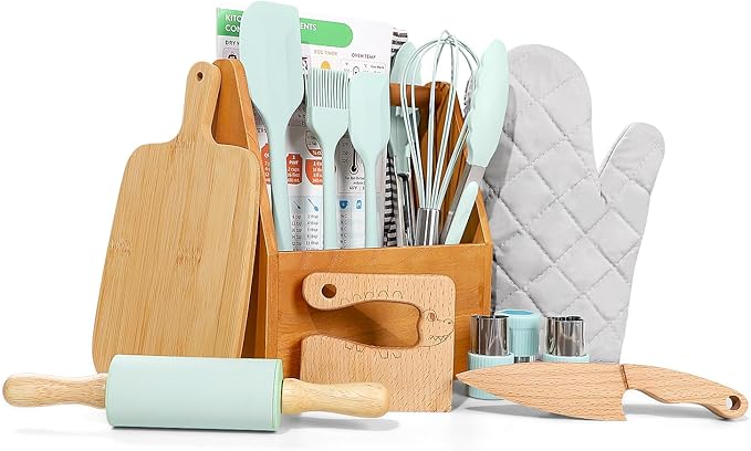 Kids Cooking Sets Real, Suhctuptx Kids Cooking and Baking Set, Wooden Kid Knife with Cutting Board Apron Rolling Pin Whisk, Toddler Real Kitchen Accessories, Birthday Gifts for Girls Boys Age 3-8