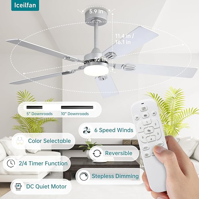 Ceilling Fans with Lights 52 Inch,6 Speeds Dimmable LED Silver Ceiling Fan with Remote,Reversible Quiet DC Motor Bedroom Ceiling Fan with Remote Control,Indoor Outdoor Ceiling Fan for Patios