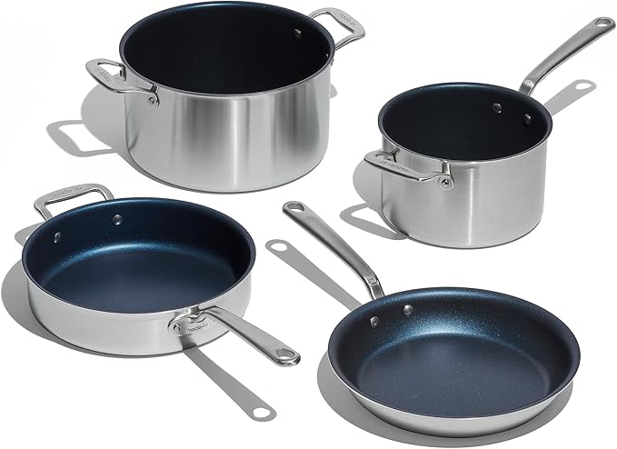 Made In Cookware - 7 Piece Non Stick Pot and Pan Set (Harbour Blue) - 5 Ply Stainless Clad - Includes Stock Pot, Saute Pan, Sauce Pan, and Frying Pan - Professional Cookware - Crafted in Italy