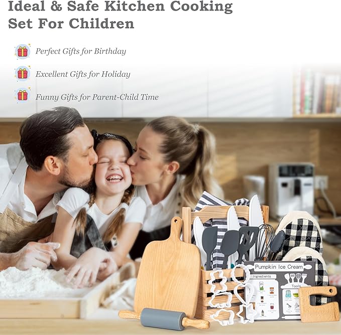 Kids Cooking & Baking Set, 16 Pcs Grey Real Kids Kitchen Utensils Set with Storage Case, Toddler Cooking Set, Toddler Chef Set for Junior Chef with Kids Apron & Hat, Kids Baking Sets for Boys & Girls