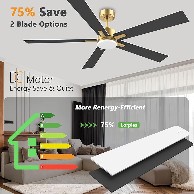 60 Inch Smart Ceiling Fan with Lights Remote,Control via Voice Alexa Google App Wifi,Silent DC Motor,Dimmable,Outdoor Indoor Modern Ceiling Fans for Large Bedroom Living Room Patio,Gold White Black