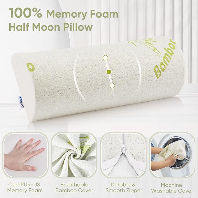 Forias Knee Pillow for Back Sleeping, Memory Foam Bolster Pillow for Legs Elevation Half Moon Pillow Leg Elevating Pillow for Relaxation, Washable Pillowcase Crafted with Rayon Derived from Bamboo