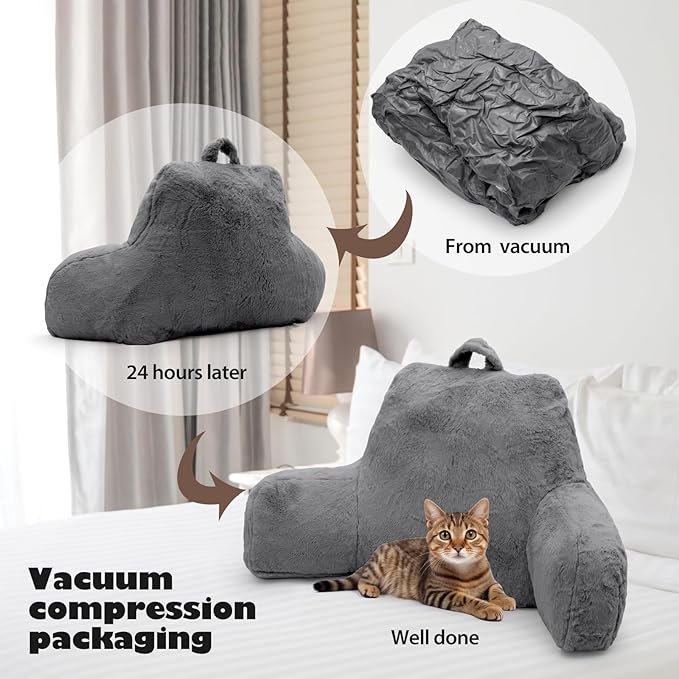 Reading Pillow for Sitting in Bed Adult, Standard Reading Pillow with Memory Foam, Back Pillow for Bed Sitting Up with Extend Arms, Bed Reading Pillow, Grey