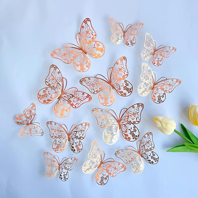3D Butterfly Wall Decor 3 Sizes 4 Styles, Kurilai 48Pcs Butterfly Decorations Party Birthday Cake Decoration, Removable Wall Stickers for Kids Nursery Wedding Bedroom Room Decor (Rose Gold)