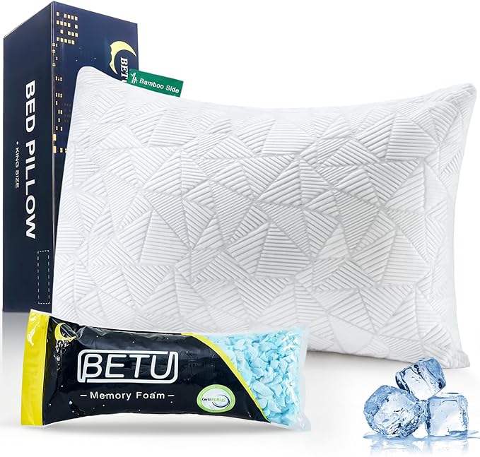 BETU Cooling Standard Pillow, Shredded Memory Foam Cool Pillow for Hot Sleepers, Adjustable Firm Soft Support Bed Pillows Perfect for Back Neck Pain and Side Sleeping with Pillow Case Cover, White