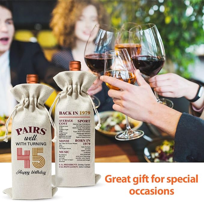 45th Birthday Wine Gift Bag For Wife Sister Friend Mom Dad Women Men Her Him, 1979 Birthday Gift, 45th Anniversary Wine Bag, 45th Birthday Party Decoration, Pairs Well With Turning 40th