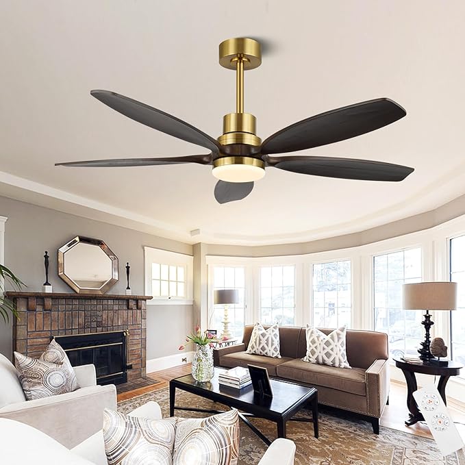 52" Ceiling Fan with Light and Remote,Reversible DC Motor,6Speed,Modern Natural Wood Ceiling Fan with Dimmable LED for Outdoor Patios Bedroom Living Room,Brown Walnut and Brass