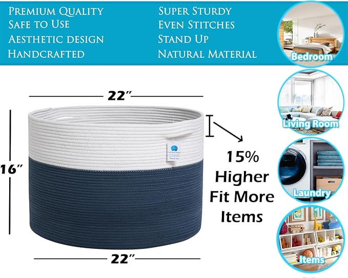 22" x 22" x 16" Mega Size Extra Large Storage Basket, Cotton Rope Storage Baskets, Woven Laundry Hamper, Cloth Storage Bin, for Clothes Towel Blanket Basket in Living Room, Dark Blue