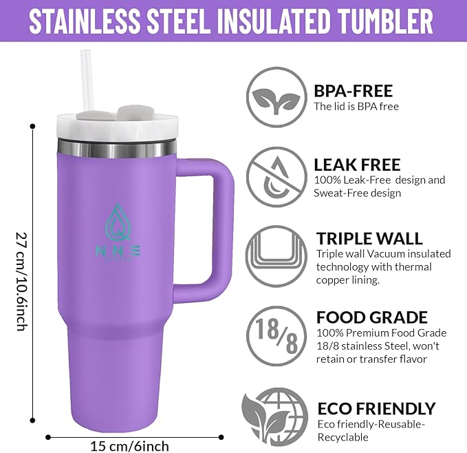 40oz stainless Steel Insulated Tumbler with Handle, lid and straw for cold water, Iced tea, or coffee - 100% Leak-Proof - Cupholder Friendly Travel Mug- Gifts for Women Men Him Her (Purple)
