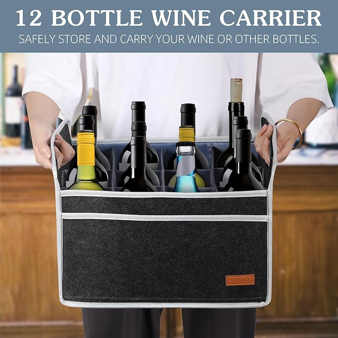 12 Bottle Wine Carrier, Thicken Felt Wine Carry Case Collapsible Wine Bottle Storage Box Liquor Bottle Tote with Handles for Travel, Party, Picnic (Dark Gray)