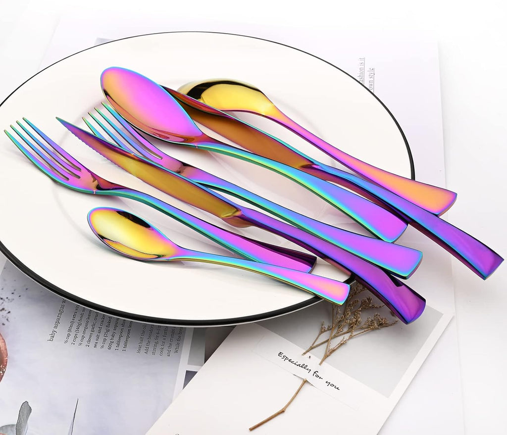 24-Piece Rainbow Flatware, Mirror 18/10 Stainless Steel Modern & Luxury Dinnerware Set With Serrated Steak Knife Teaspoon For Daily Use or Dinner Party Restaurant - Service For 4