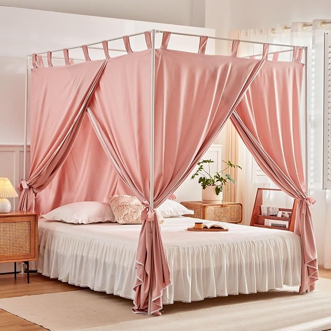 AIKASY Bean Paste Canopy Bed Curtains with Top Ties and Tie Backs for Bedroom Decoration - Twin Size Bed Curtains with Windproof and Lightproof Features