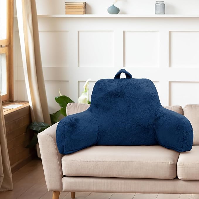 Reading Pillow for Sitting in Bed Adult, Standard Reading Pillow with Memory Foam, Back Pillow for Bed Sitting Up with Extend Arms, Bed Reading Pillow, Blue