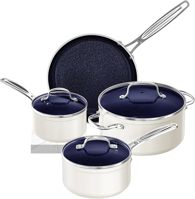 Nuwave 7pc Cookware Set Healthy Duralon Blue Ceramic Nonstick Coated, Diamond Infused Scratch-Resistant, PFAS Free, Oven Safe, Induction Ready & Evenly Heats, Tempered Glass Lids & Stay-Cool Handle