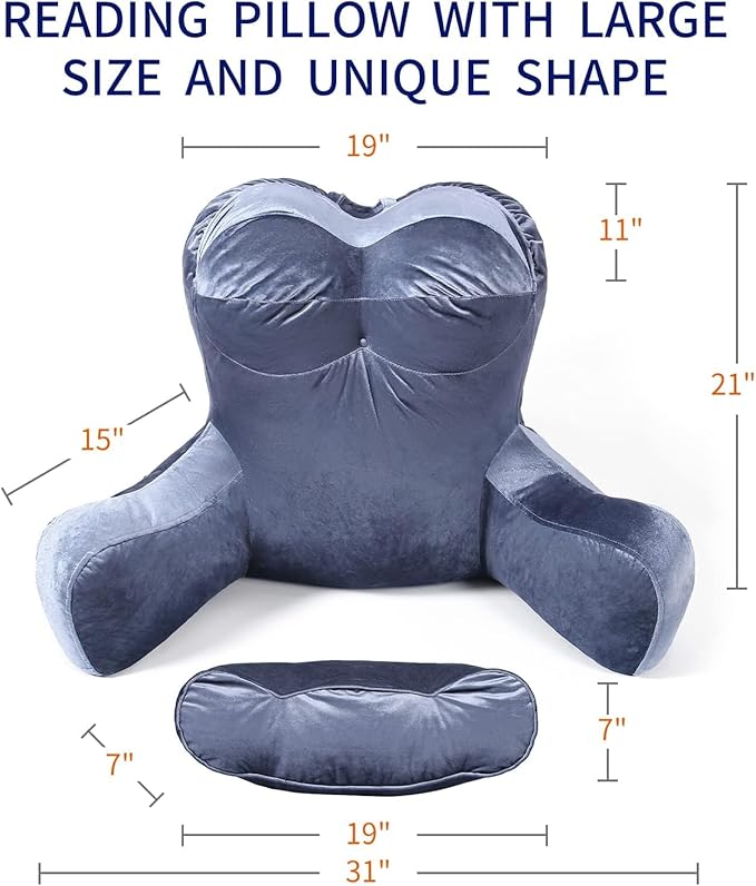 Reading Pillow Adults 31’’, Backrest Pillow with Arms for Sitting in Bed Couch Shredded Memory Foam, Back Pillow with Leg Pillow and Pockets for Reading/Gaming/Relaxing,Black
