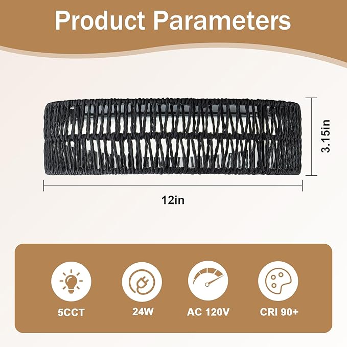 SineRise 12" Flush Mount Ceiling Light,25W LED Rattan Ceiling Light Fixture,Dimmable Handmade Boho Light Fixtures with Rattan,Farmhouse Lighting Fixtures Ceiling for Hallway Kitchen Bedroom(Black)