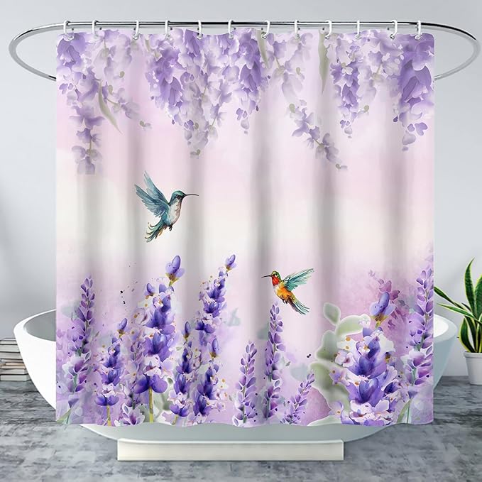 AILONEN Waterproof Floral Shower Curtain for Bathroom,Purple Wisteria Lavender Flowers Shower Curtain,Botanical Floral Decor Bathroom Polyester with Grommets and Hooks 72" W*78" H