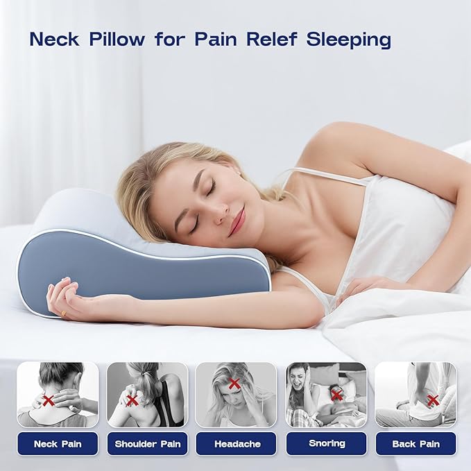 Cooling Cervical Neck Pillow for Sleeping - Contoured Memory Foam Pillow with 2 Heights - Ergonomic Sleep Pillow for Side Sleepers, Back Sleeping, Stomach Sleepers (Light Steel Blue)
