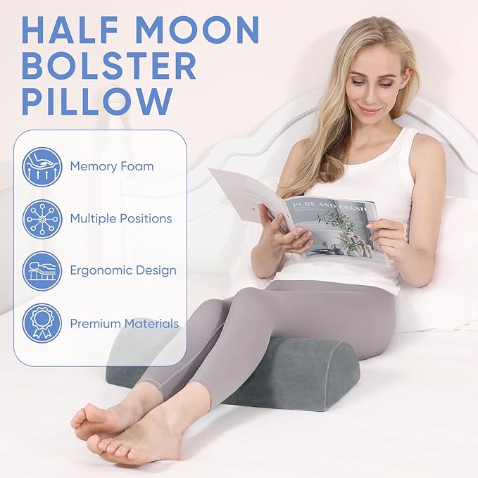 Forias Knee Pillow for Back Sleeping, Memory Foam Leg Pillow for Side Sleeping Bolster Pillow for Legs Elevation Half Moon Leg Elevation Pillow for Knee Lumbar Support, Ankle Rest and Foot Comfort
