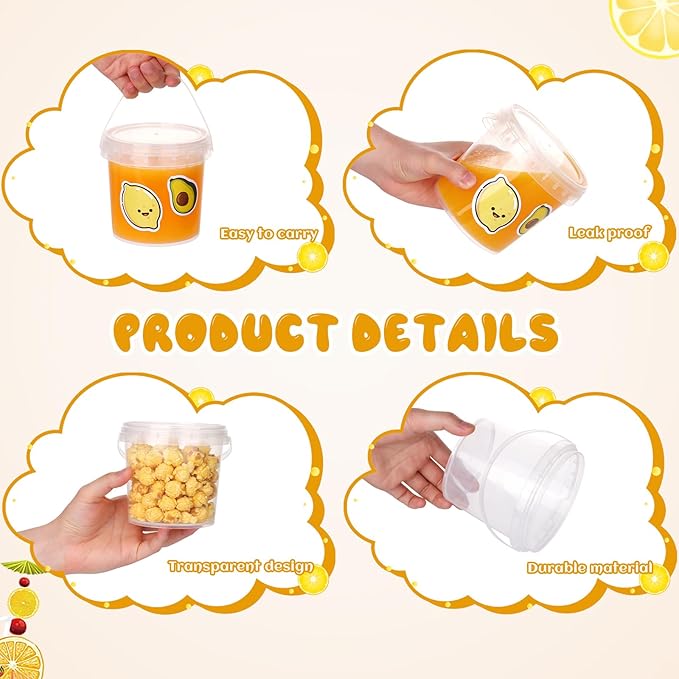 30 Pcs Ice Cream Buckets with Lids and Handles Drink Rum Buckets for Parties Cocktails Reusable Clear Plastic Food Containers with 50 Pcs Summer Stickers