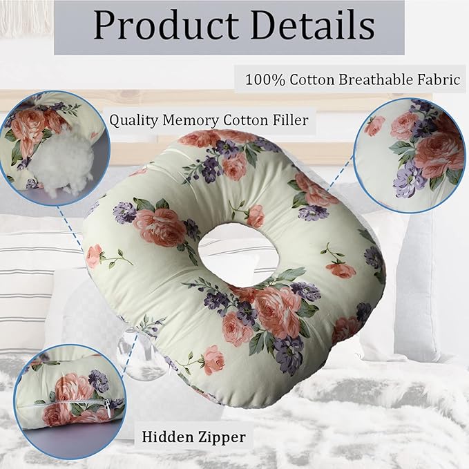 Ear Piercing Pillow for Side Sleepers, Pillow with an Ear Hole for CNH and Ear Pain Ear Inflammation Pressure Sores, O-Shaped Side Sleeping Pillow, Ear Guard Pillow(Red Flower)