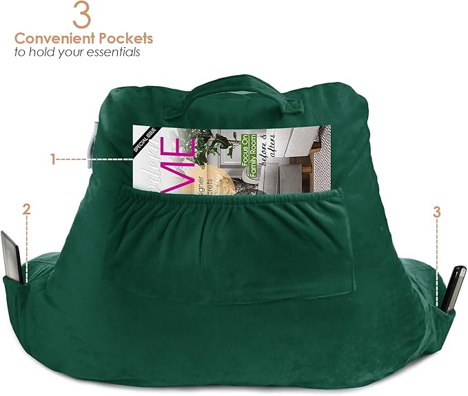 Nestl Reading Pillow for Kids, Small Bed Pillow, Back Pillow for Sitting in Bed, Memory Foam Chair Pillow, Reading & Bed Rest Pillows, Dark Green Back Pillow for Bed, Arm Pillow with Pockets