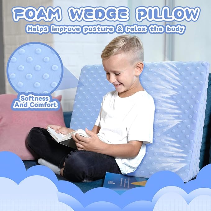Kids Wedge Pillow with Pillowcase, Memory Foam for Back,Legs & Knees, Relaxation and Comfort, Soft and Breathable, Dot Texture Pillow for Reading Watching TV Gaming Sleeping, Fit for Sofa Floor Room