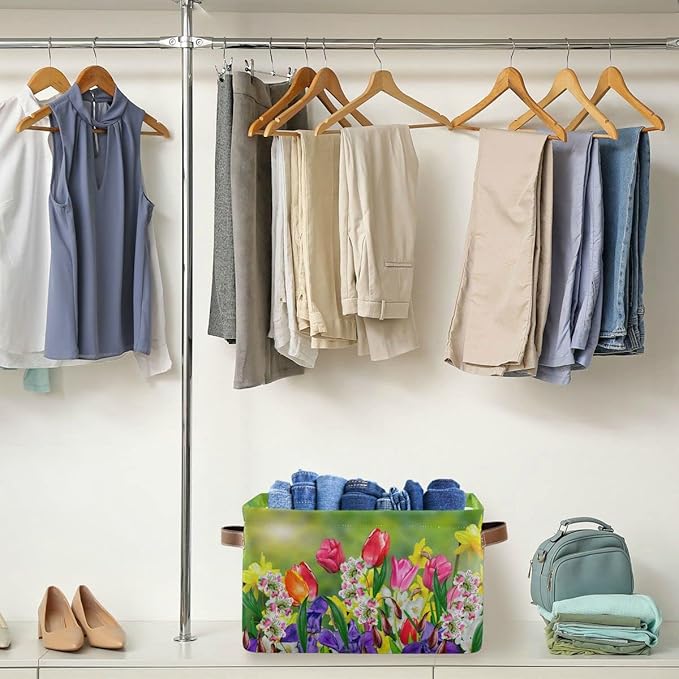 Wamika Spring Tulip Lavender Flowers Storage Basket Fabric Laundry Baskets Green Leaves Herbs Storage Boxes Organizer Bag for Baby Cloth Dog Toy Book Storage Cubes Shelf Closet Bins 16x12x8 Inches