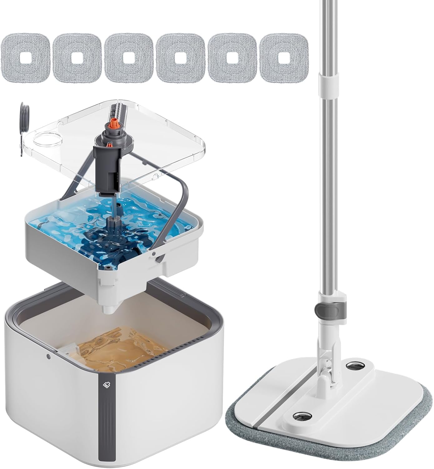 Upgraded Self-Standing Spin Mop and Bucket System, Detachable Inner Mop Bucket That Separates Dirty Water & 90° Foldable Head, Triple-Scrubbing System, for Hardwood Floors - White with 6 Pads